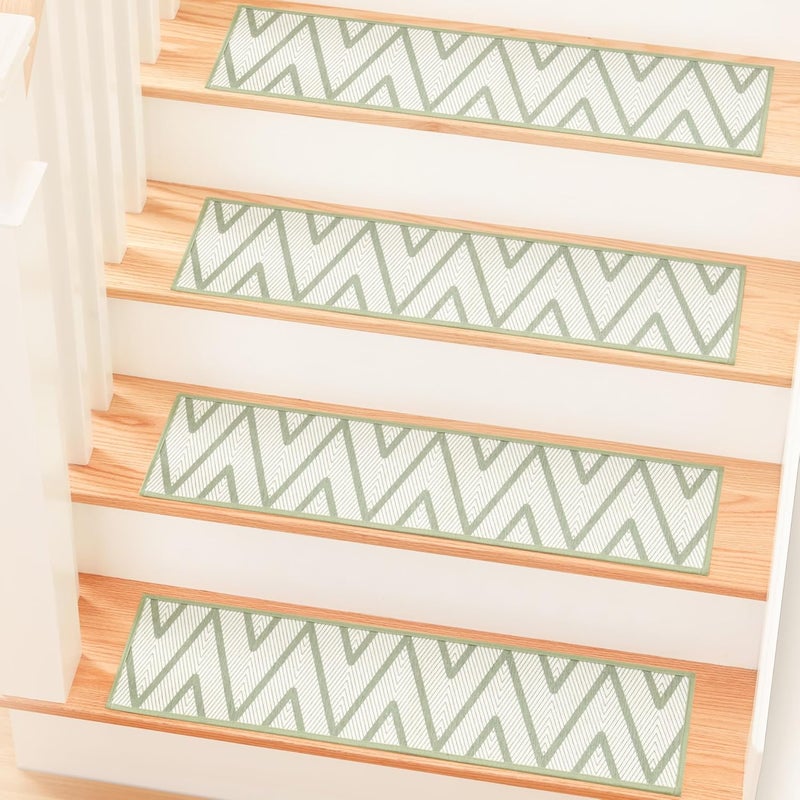 MBIGM 8" X 30" (15 in Pack) Non-Slip Carpet Stair Treads Non-Skid Safety Rug Slip Resistant Indoor Runner for Kids Elders & Pets with Reusable Adhesive - Ripple Green - Image 1
